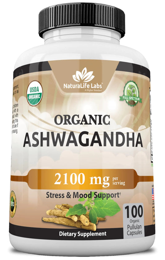 Organic Ashwagandha 2100 mg - 100 Veggie Capsules Pure Organic Ashwagandha Powder and Root Extract - Stress Relief Mood Enhancer