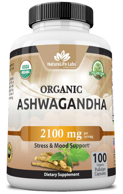 Organic Ashwagandha 2100 mg - 100 Veggie Capsules Pure Organic Ashwagandha Powder and Root Extract - Stress Relief Mood Enhancer